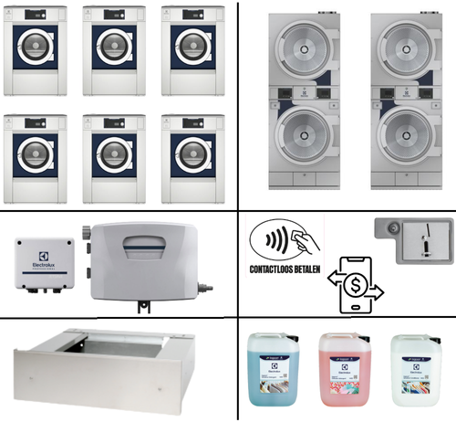 Self-service wasserij middel met 6× WH6-14 en 2× TD6-17S