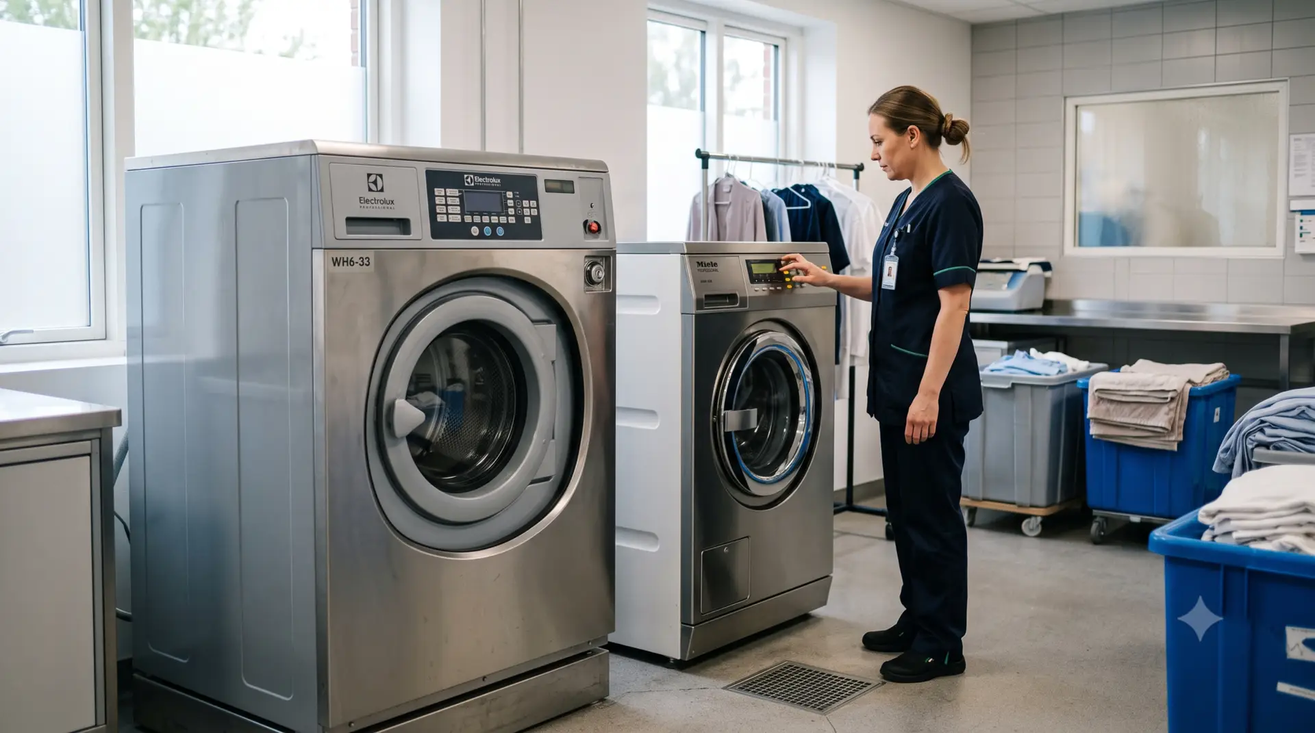 zorgmedewerker sorteert textiel bij een professionele wasmachine in een zorgwasserij