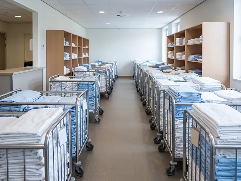 Linnenkamer met karren vol schoon en gevouwen bed- en zorglinnen