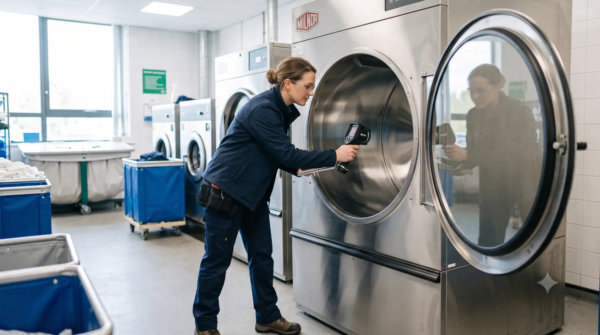 Technorette monteur bespreekt een wasdroger met een facilitair manager