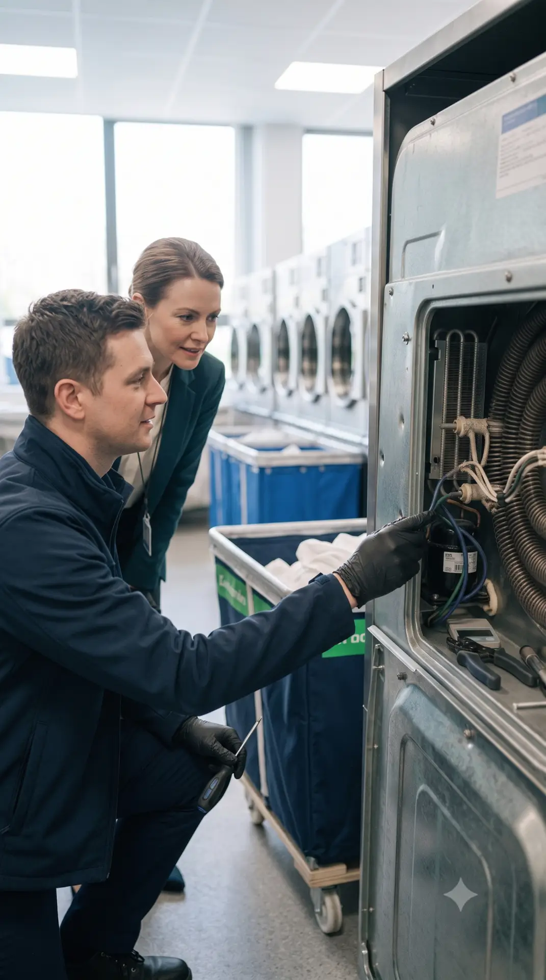 Monteur voert wasdroger reparatie op locatie uit in een zorginstelling