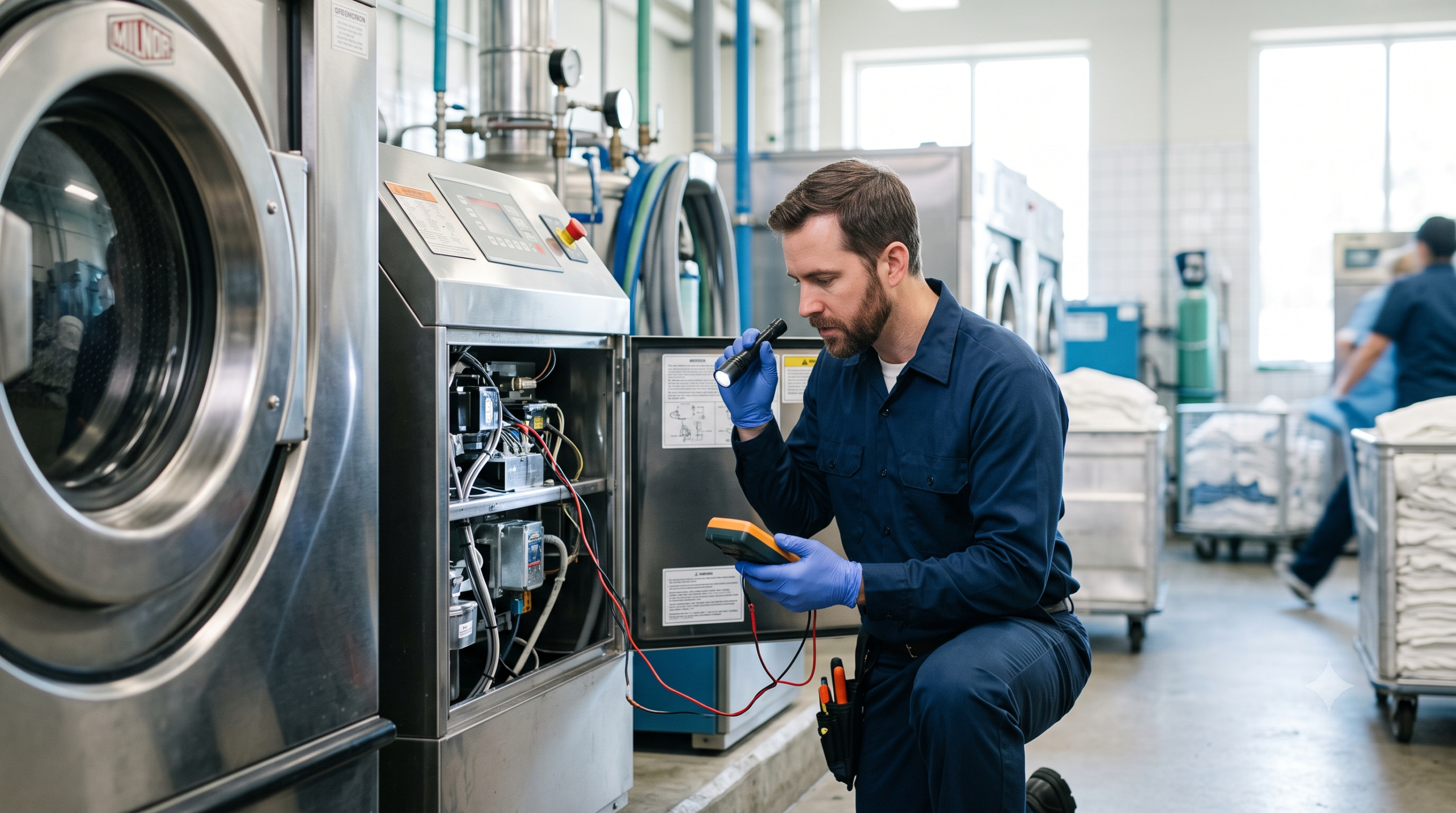 Monteur repareert de besturing van een industriële wasmachine